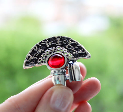 Women ring Silver 925 Semi circle Red garnet stone