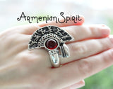 Women ring Silver 925 Semi circle Red garnet stone
