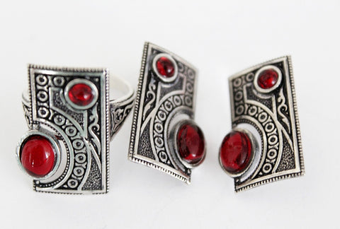 SILVER 925 set Small Red earrings and ring Tribal Garnet jewelry