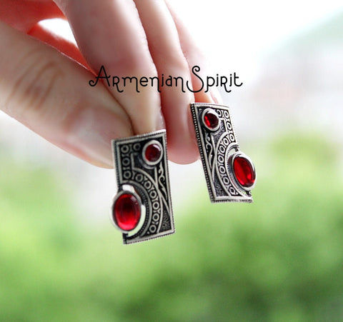 SILVER 925 earrings red Tribal Garnet jewelry Bohemian earrings