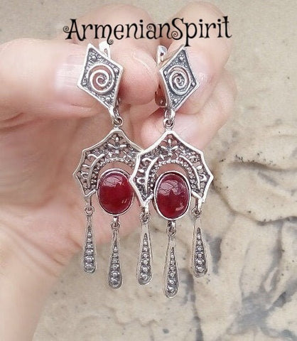 Armenian jewelry lab garnet gemstone Dangle Earrings long SILVER 925