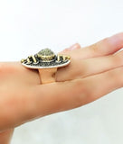 Natural pirite RING semi circle SILVER and Gold plated jewelry