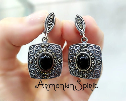 Earrings Marcasite jewelry STERLING SILVER 925 onyx