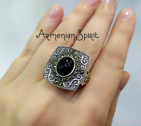 Marcasite Ring square Onyx black STERLING SILVER 925