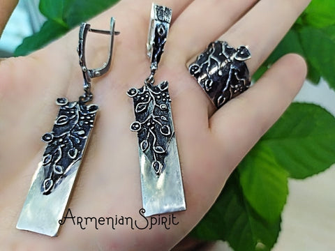 Silver set 925 very long Earrings and ring black