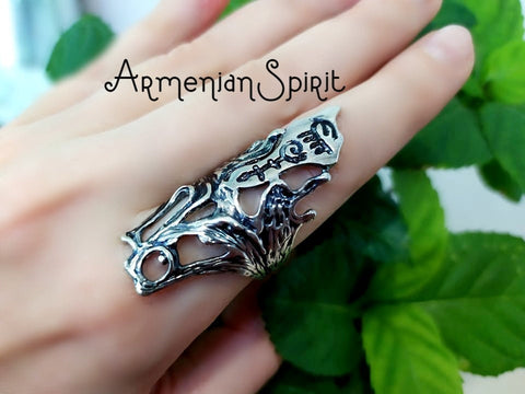 Silver 925 full finger ring black goth ancient petroglyphs