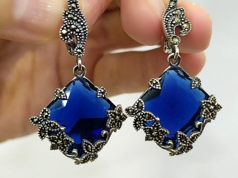 Royal blue earrings rich marcasite Dangle earring STERLING SILVER 925