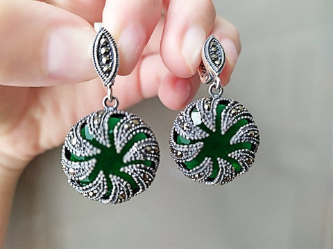 Sterling silver 925 earrings Marcasite lab green topaz
