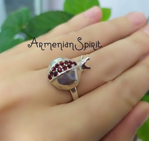 Pomegranate Ring Armenian symbol STERLING SILVER 925 zircon red stones