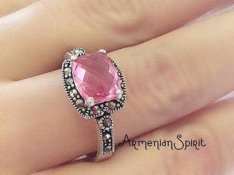 Tiny ring pink Marcasite 925 Silver Small jewelry