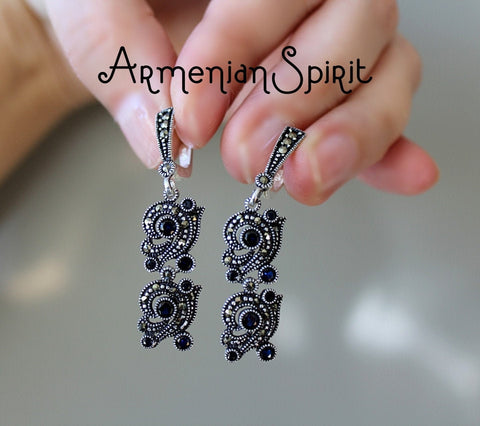 Navy Blue stones earrings Dangle SILVER 925