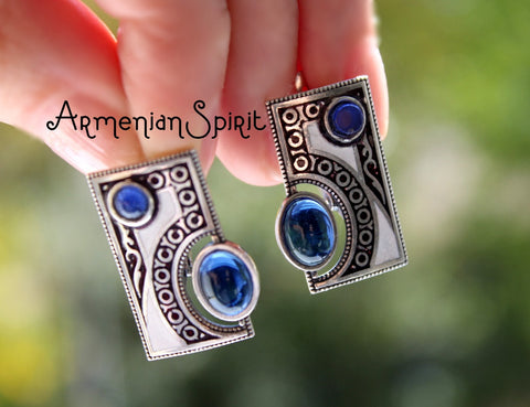 SILVER 925 blue earrings and ring Modern jewelry Lab lazurite jewelry