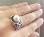 White Pearl ring pearl marcasite STERLING SILVER 925