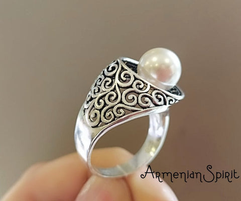 White Pearl ring pearl marcasite STERLING SILVER 925