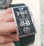 Men bracelet Cross SILVER 925 eternity sign Genuine leather Green