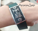 Men bracelet Cross SILVER 925 eternity sign Genuine leather Green