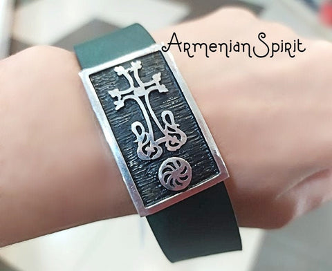 Men bracelet Cross SILVER 925 eternity sign Genuine leather Green