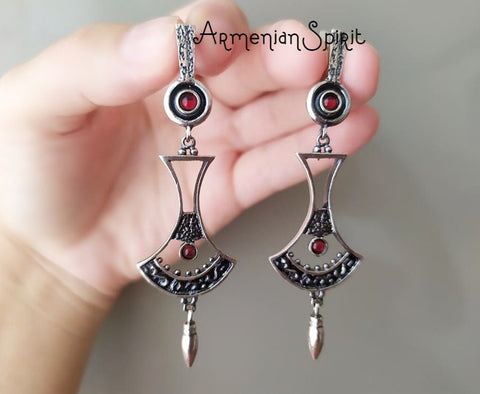 Garnet Very long Earrings Bohemian STERLING SILVER 925 garnet jewelry