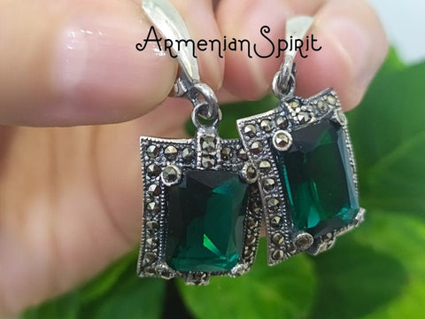 Marcasite earrings dangle Emerald green SILVER 925 marcasite jewelry