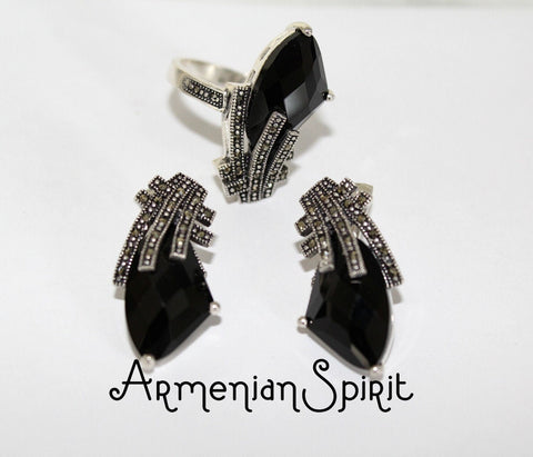 Ring and earrings jewelry set Black stone Set Silver 925 Marcasite