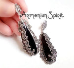Very long earrings black big onyx Marcasite SILVER 925