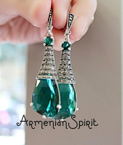 Green jewelry SET earrings ring Marcasite STERLING SILVER 925