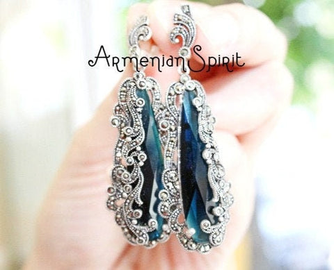 Silver earrings marcasite Blue topaz long dangle earrings