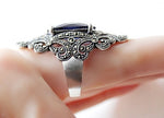 Extra big ring navy blue topaz stone Sterling silver 925 Marcasite