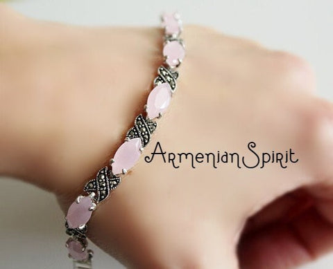 Marcasite bracelet matte pink quartz STERLING SILVER 925