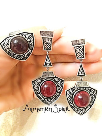 Lab Garnet earrings and ring SILVER 925 handmade jewelry Bohemian