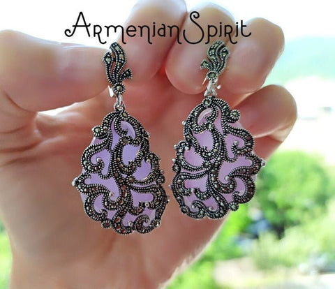 Very long extra big earring lab quartz Pink SILVER 925