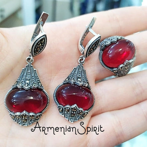 Marcasite jewelry red stone set Ring SILVER 925