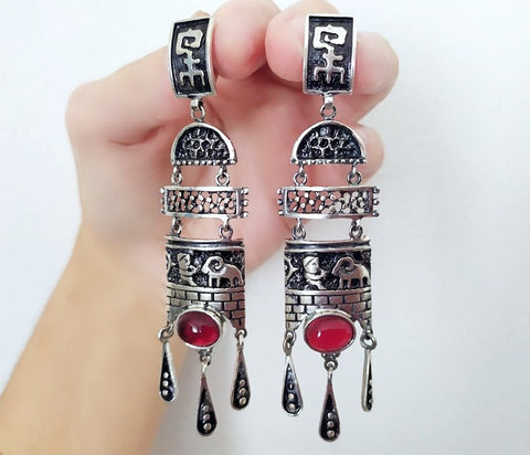 Garnet Very long Earrings Boho jewelry red Sterling silver 925
