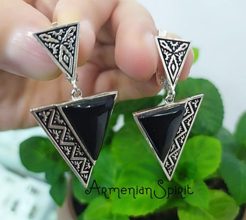 Black Long earrings jewelry geometric traditional SILVER 925