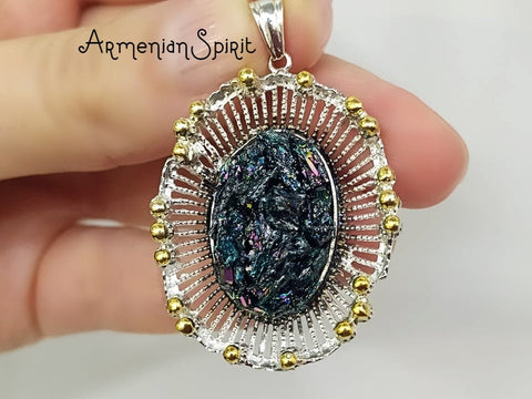 Pendant SILVER 925 silicon carbide mineral Gold plated Flower