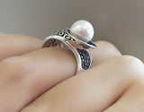 White Pearl ring pearl marcasite STERLING SILVER 925
