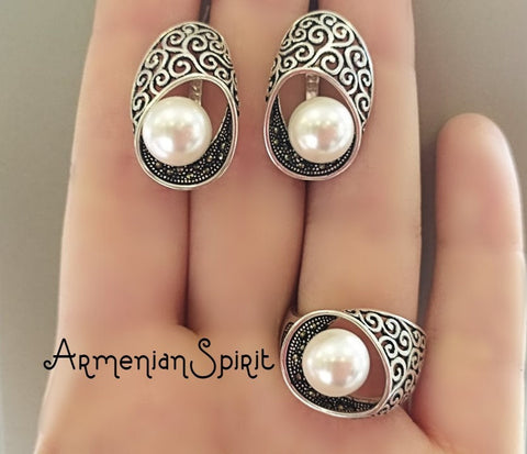 White Pearl SET ring and earrings white pearl Sterling silver 925