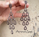 Very long earrings Sterling silver Dangle peacock tail