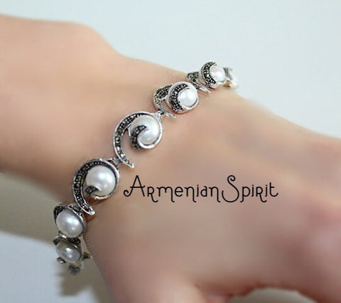 Marcasite bracelet Pearl Sterling SILVER 925 LAB white pearl