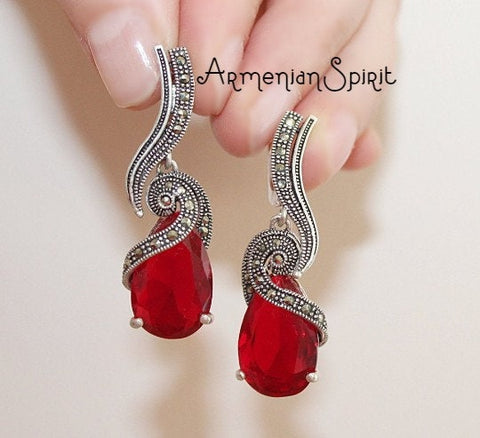 Silver 925 earrings marcasite Jewelry red lab topaz