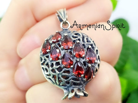 Pomegranate big pendant red zircon stones STERLING SILVER 925