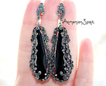 Very long earrings black big onyx Marcasite SILVER 925