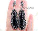 Very long earrings black big onyx Marcasite SILVER 925