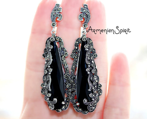 Very long earrings black big onyx Marcasite SILVER 925