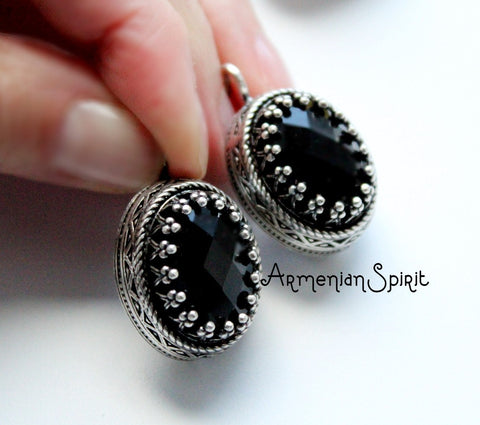 Earrings black SILVER 925 Onyx stone Royal jewelry