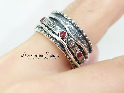 Band ring women SILVER 925 with red enamel Ethnic ring for woman Ring with moving hoop