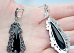 Very long earrings black big onyx Marcasite SILVER 925