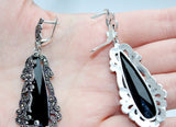 Very long earrings black big onyx Marcasite SILVER 925