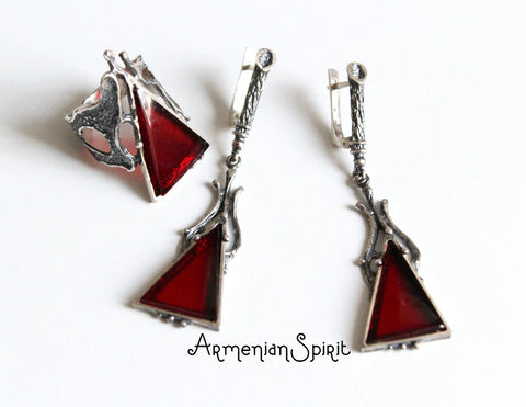 Silver 925 set Very long earrings and Ring Faux stone Burnt orange