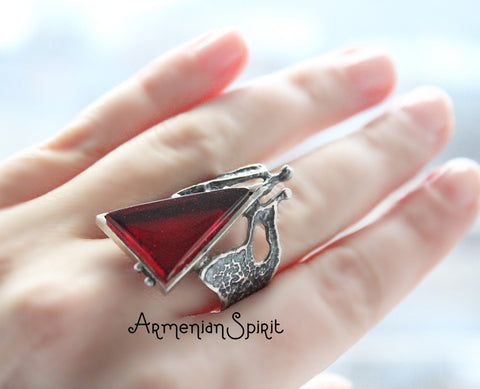 Statement ring women Silver 925 Faux stone Burnt orange
